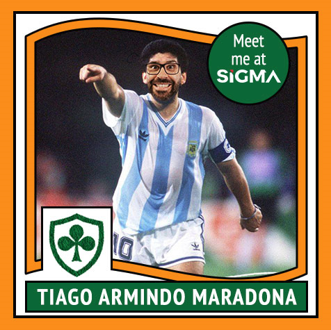All-in Translations CEO Tiago Aprigio in a football trading card posing as Tiago Armindo Maradona