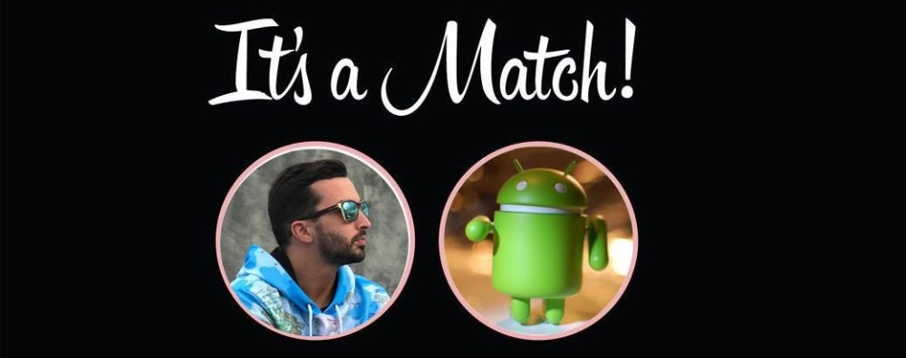 It's a match Tinder screenshot of All-in Translations SEO Manager and Android logo - symbolizing Google