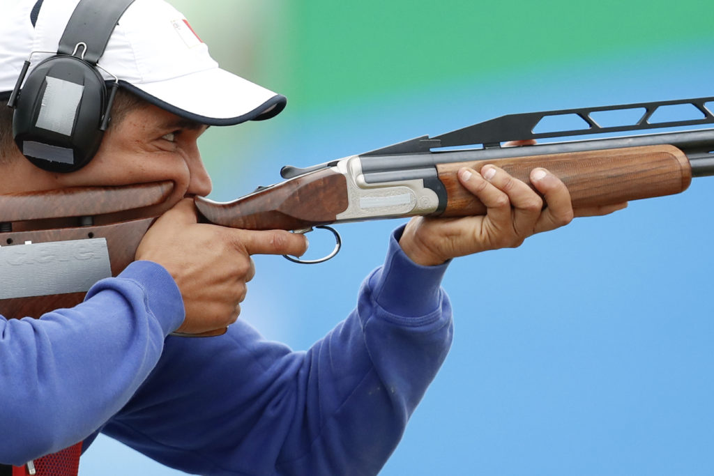 William Chetcuti of Malta shoots during the men's double trap qualification, at the Olympic Shooting Center at the 2016 Summer Olympics in Rio de Janeiro, Brazil, Wednesday, Aug. 10, 2016. (AP Photo/Hassan Ammar)